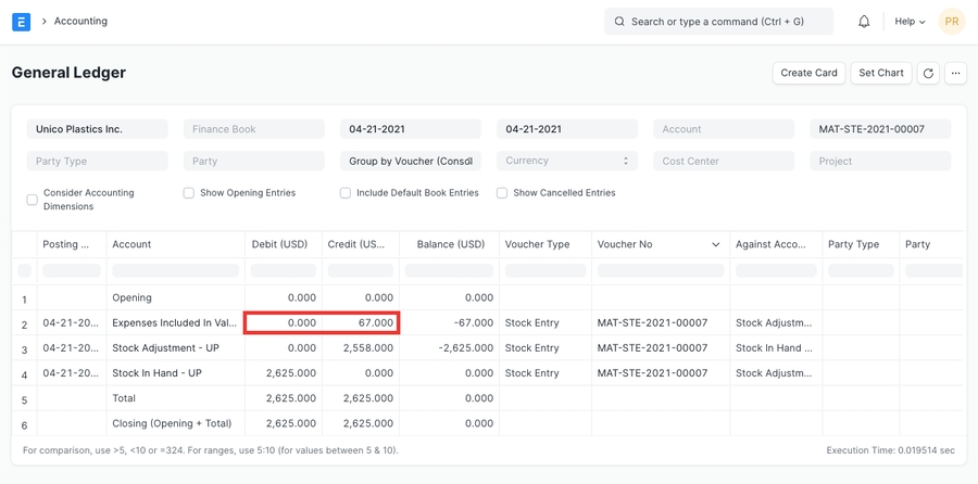 Additional Costs General Ledger