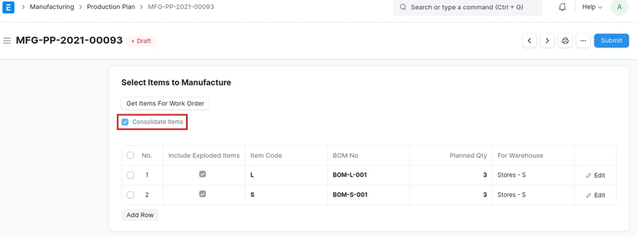 Get items Combined for Production Plan