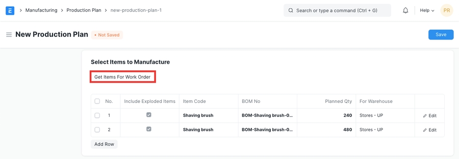 Get items for Production Plan