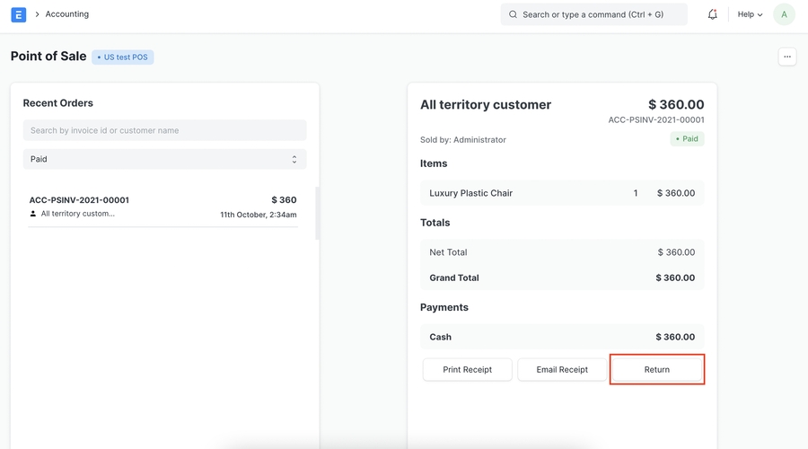 POS Return Credit Select Invoice
