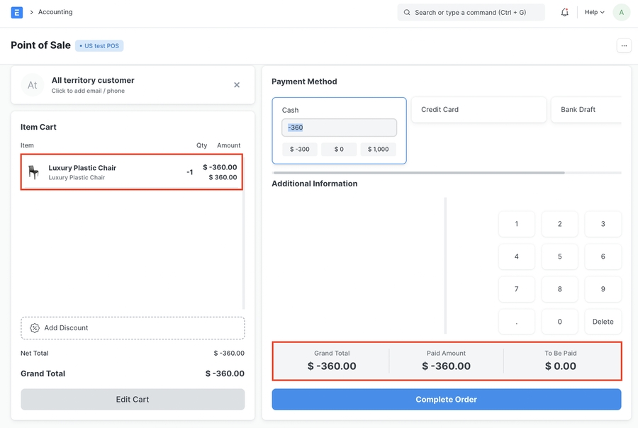 POS Return Credit Item Cart Screen