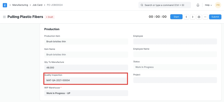 Quality Inspection link in Job Card