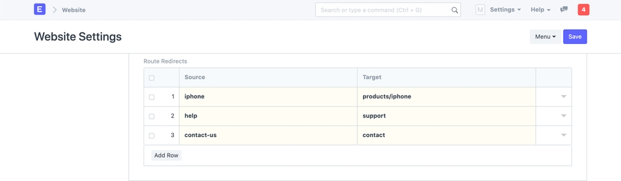 Website Settings - Routes Redirects